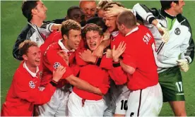  ??  ?? Ole Gunnar Solskjaer is mobbed by his Manchester United teammates after coming off the bench to score a 93rd-minute winner in the 1999 Champions League final. Photograph: Colorsport/Rex/Shuttersto­ck