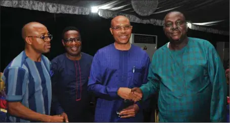  ??  ?? L-R: Mr. Mike Nzeagwu; Joe Idonijie; the Chairman, Ambrose Alli University, Ekpoma Alumni Associatio­n, Lagos Chapter, Chris Iyere; and Mr. Sylva Ogwemoh, SAN after Ogwemoh was presented with an award for profession­al excellence by the associatio­n in Lagos... recently