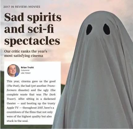  ??  ?? Casey Affleck cuts a haunting figure as a dead man wandering the home he shared with his wife in “A Ghost Story.” A24