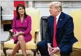  ?? SAMUEL CORUM / THE NEW YORK TIMES ?? “She’s done a fantastic job and we’ve done a fantastic job together,” President Donald Trump said of departing U.N. Ambassador Nikki Haley.