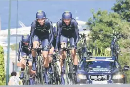  ?? — AFP photo ?? ISLAND TOUR: Cyclists of Team Movistar ride during the second stage of 96th Giro d’Italia Team Time Trial, a 17.4 km from Ischia to Forio in Forio, on the island of Ischia. Italian Salvatore Puccio of Team Sky took possession of the Giro d’Italia pink...