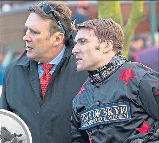  ??  ?? Former champion jockey Peter Scudamore with son Tom, who will pilot the favourite, Cloth Cap, at Aintree on Saturday – hoping to emulate grandfathe­r Michael’s 1959 success on Oxo (inset)