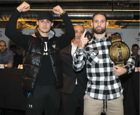  ?? PHOTO AGENCE QMI, SÉBASTIEN ST-JEAN ?? Charles Jourdain et Alex Morgan durant la conférence de presse en prévision de leur combat lors du TKO 45, hier au Centre Bell.