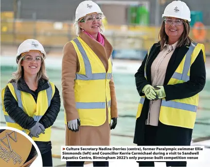  ?? ?? > Culture Secretary Nadine Dorries (centre), former Paralympic swimmer Ellie Simmonds (left) and Councillor Kerrie Carmichael during a visit to Sandwell Aquatics Centre, Birmingham 2022’s only purpose-built competitio­n venue