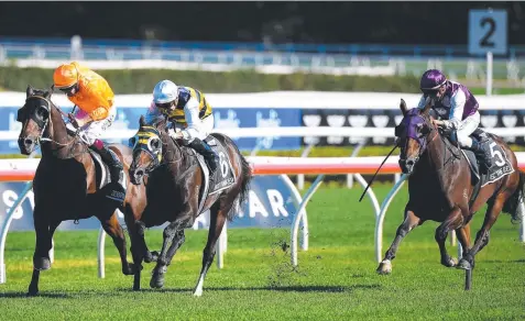  ?? Picture: AAP ?? OPIE WON: Opie Bosson on Quick Thinker (second left) wins the Australian Derby on day one of The Championsh­ips in Sydney.