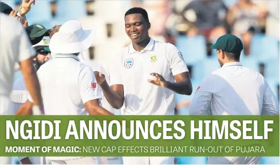  ?? Picture: AFP ?? ONE HE’LL NEVER FORGET. Proteas debutant Lungi Ngidi celebrates after taking his first Test wicket against India on the second day of the second Test at Centurion yesterday.