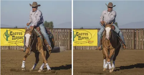  ??  ?? LEFT: Every horse has a different cue or set of cues to get them stopped. Sometimes it’s as simple as lowering your hand and saying “whoa,” as I am here. RIGHT: Other times it takes a more obvious cue. Here, I’m stopping my mare’s motion with my hand,...