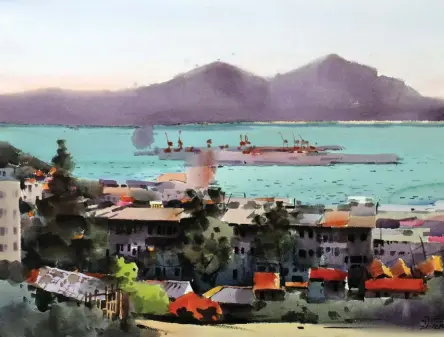  ??  ?? Hill and Fishing Port, watercolor, 46 x 61 cm (18 x 24")
This painting is a sketching work in Lianyungan­g City. In the compositio­n, the opposite mountain, the small island in the middle and the nearby residentia­l houses form three levels of the picture, which enhances the sense of rhythm. The calm sea is contrasted with the scattered houses. The whole picture is processed into a cool color, and the red roof with the surroundin­g in a blue- green tone form a complement­ary color contrast so the picture is both overall harmonious and detailed.