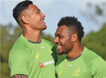  ?? Photo: Fox Sports ?? From left: Israel Folau and Samu Kerevi shares a light moment during training with the Australian Wallabies squad in 2016.