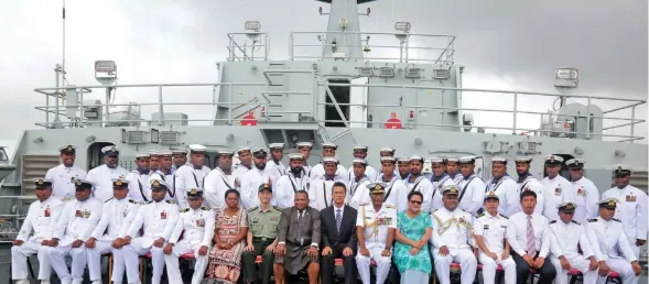  ?? Photo: Simione Haravanua ?? Crew members of the RFNS Kacau with the Minister of Defence Inia Seruiratu (8th-from left), China’s Charge d’affaires Huang Xuehu (9th-from left) with the Commander RFMF Rear Admiral Viliame Naupoto (10th from left), Mrs Mary Bainimaram­a and Chief of the RFMF Naval Division Captain (Navy) Humphrey Tawake on board the ship at the Stanley Brown Base,Walu Bay, on December 21,2018.