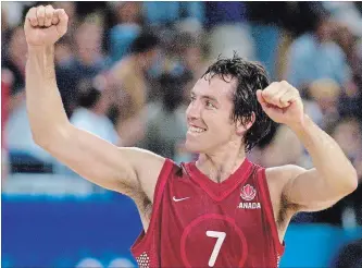  ?? CANADIAN PRESS FILE PHOTO ?? Victoria’s Steve Nash celebrates Canada’s 83-75 upset win over Yugoslavia at the 2000 Sydney Olympics.