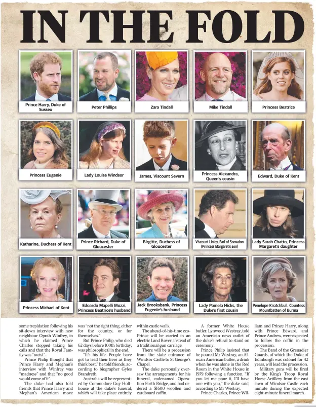  ??  ?? Prince Harry, Duke of Sussex
Princess Eugenie
Katharine, Duchess of Kent
Princess Michael of Kent
Peter Phillips
Lady Louise Windsor
Prince Richard, Duke of Gloucester
Edoardo Mapelli Mozzi, Princess Beatrice’s husband
Zara Tindall
James, Viscount Severn
Birgitte, Duchess of Gloucester
Jack Brooksbank, Princess Eugenie’s husband
Mike Tindall
Princess Alexandra, Queen’s cousin
Viscount Linley, Earl of Snowdon (Princess Margaret’s son)
Lady Pamela Hicks, the Duke’s first cousin
Princess Beatrice
Edward, Duke of Kent
Lady Sarah Chatto, Princess Margaret’s daughter
Penelope Knatchbull, Countess Mountbatte­n of Burma