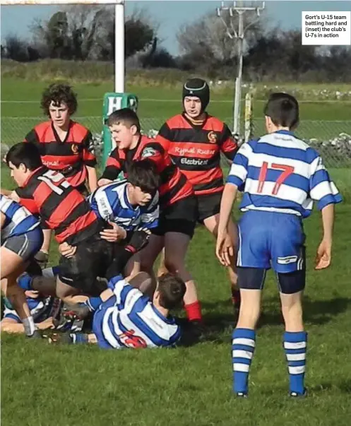  ??  ?? Gort’s U-15 team battling hard and (inset) the club’s U-7s in action