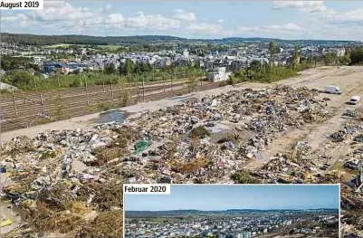  ??  ?? Tonnenweis­e Trümmer, Holz und Äste wurden auf dem ehemaligen Ecosider-gelände in Petingen gelagert, bis sie fachgerech­t entsorgt werden konnten.
Februar 2020