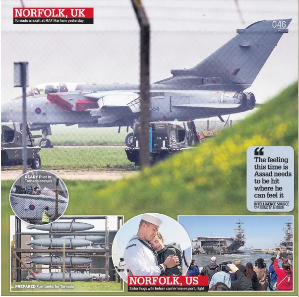  ??  ?? NORFOLK, UK Tornado aircraft at RAF Marham yesterday READY Pilot in Tornado cockpit PREPARED Fuel tanks for Tornado NORFOLK, US Sailor hugs wife before carrier leaves port, right