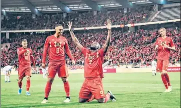  ?? AFP ?? ■ Belgium's Romelu Lukaku celebrates after scoring a goal during the Euro 2020 qualifier Group I game against San Marino on Thursday in Brussels. Lukaku took his record Belgium internatio­nal tally past 50 goals.