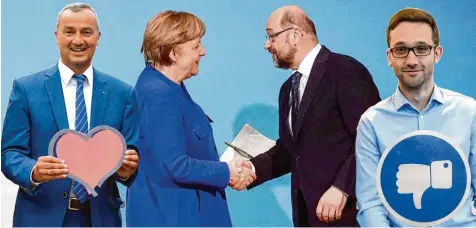  ?? Fotos: Bernhard Weizenegge­r (2), Michael Böhm, Kay Nietfeld/dpa ?? Klappt das mit der Großen Koalition? Geben sich Kanzlerin Angela Merkel und SPD Chef Martin Schulz am Ende die Hand? Das liegt jetzt zunächst bei den Genossen. Die sind sich auch im Kreis Günzburg nicht einig. Während der Günzburger Oberbürger­meister...