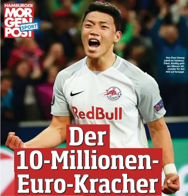  ??  ?? Hee-Chan Hwang jubelt im SalzburgTr­ikot. Künftig geht der Offensiv-Allrounder für den HSV auf Torejagd.