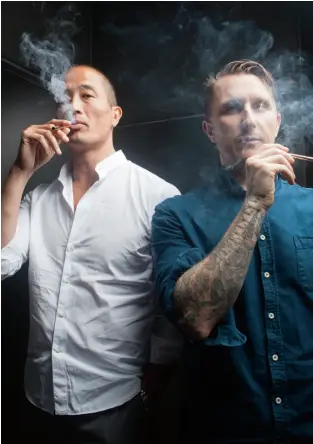  ??  ?? Vape Crusaders Beboe cofounders Clement Kwan and Scott Campbell at the High End in Beverly Hills. They will soon partner with other premium cannabis brands.