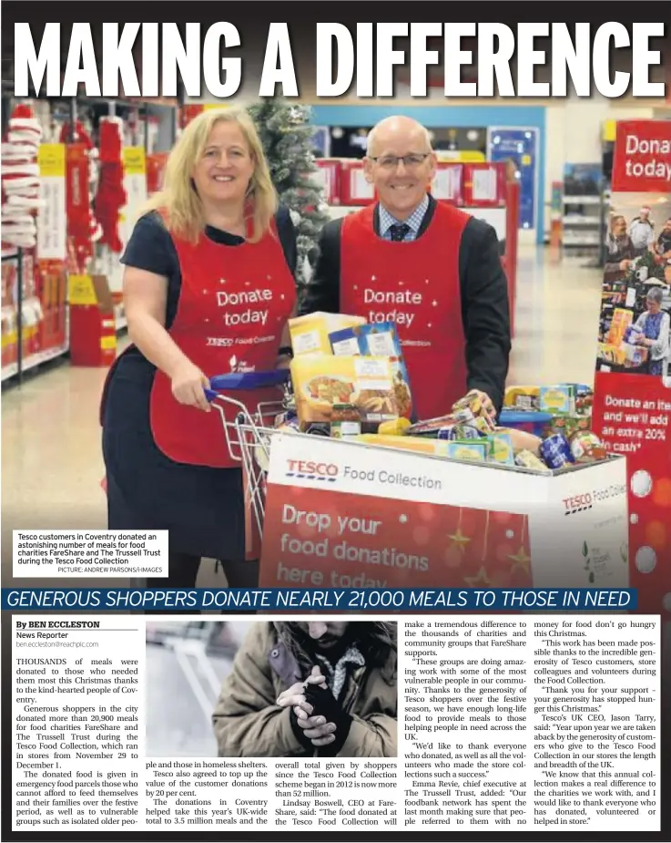  ?? PICTURE: ANDREW PARSONS/i-IMAGES ?? Tesco customers in Coventry donated an astonishin­g number of meals for food charities FareShare and The Trussell Trust during the Tesco Food Collection