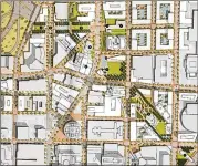  ?? RENDERING BY JACOBS ?? The proposed street grid in The Stitch concept shows Midtown and downtown connected via a “deck park.”