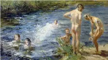  ??  ?? Vita quotidiana L’olio su tela «Il bagno», noto anche come «Ragazzi sul fiume», è stato dipinto da Beppe Ciardi intorno al 1899