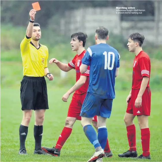  ??  ?? Marching orders Johnstone Burgh’s Niall Herron is shown red for lashing out
