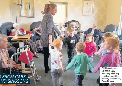  ??  ?? Children from Genesis Day Nursery visiting residents at the nearby Rosemary Care Home