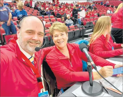  ?? PHOTOS PROVIDED BY GREG GARDNER ?? Greg Gardner, left, Sandburg’s assistant principal, and Washington volleyball coach Dawn Davis were the public address announcers for the state finals in Normal in November.