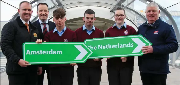  ??  ?? Charles Smith, Irish Angus Producer Group; Mick Dowd, Kepak and John Kelleher, ABP with students Michael McQuillan, Conor Belton, Alisha Crosbie from St. Ita’s School who visited Tesco Ireland headquarte­rs in Dublin before departing for Amsterdam where they will visit Albert Heijn to learn about the marketing and export of Certified Irish Angus Beef.