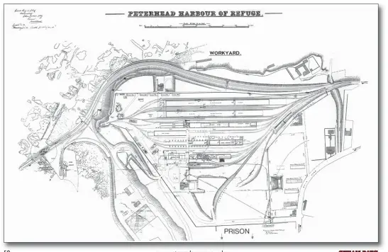  ??  ?? An official plan from the 1890s, confusingl­y drawn looking south-south-east, showing (to the far left) the South Breakwater, barge harbour and its triangle of lines, all immediatel­y north-east of the work yard, with the prison itself unseen off the bottom of the map. A massive drawing in its original form, we can only hope to glean something of the scale of the operation. Across the top is the main running line from the South Breakwater that runs south and west around the perimeter of the walled site, under a footbridge and beneath the watch of sentries. Within the walls, and looking from top to bottom, are living quarters, an outside track skirting the Goliath gantry crane of the south blockmakin­g floor, and then an inside track. The blockmakin­g floor is next, followed by the path of the Goliath and then three more running lines. A similar pattern exists on the north blockmakin­g floor, and the floors’ collective of eight lines converge to the headshunt at the lookout, beyond the officers’ mess and near the two 6in naval guns overseeing the harbour. Separate sand, cement and coal stores are immediatel­y above the convicts’ shelter shed and the adjacent stone dressing shed, while the general stores is to the left of the carpenter’s shop, fitting shop, and smith’s shop. The incoming railway from the top right ends at the Admiralty platform, which includes a run-round, the last spur before this leading to the two-road engine shed. Inside the shed are three locomotive­s, and these are part of a supporting list of ‘assets’ uniting them and the cranes – six dotted circles note their reach within the yard, the 100ft length of the Titan on the South Breakwater overshadow­ing the rail-mounted cranes generally used in the nearby yard. Maud Railway Museum Collection