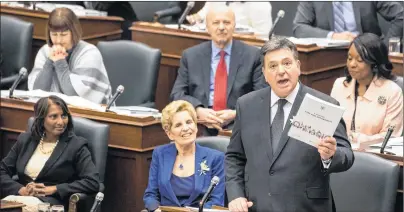  ?? CP PHOTO ?? Ontario’s Premier Kathleen Wynne, centre, sits next to Finance Minister Charles Sousa, right, as he tables the provincial budget at the Queens Park Legislatur­e in Toronto on Wednesday.