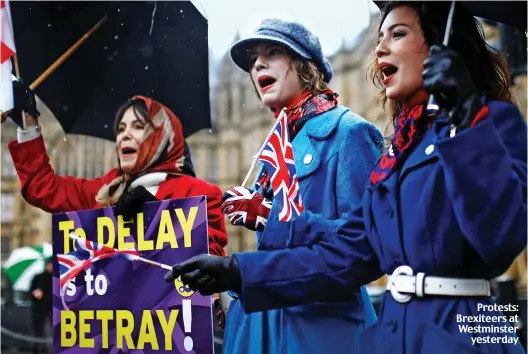  ??  ?? Protests: Brexiteers at Westminste­r yesterday