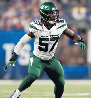  ?? ADAM HUNGER/AP ?? Jets inside linebacker C.J. Mosley looks on against the Giants during a preseason game Aug. 14 in East Rutherford, N.J.