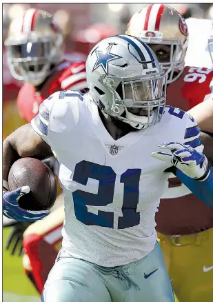  ?? AP/ERIC RISBERG ?? Dallas Cowboys running back Ezekiel Elliott dominated the San Francisco 49ers on Sunday, rushing for 147 yards and 2 touchdowns and adding a 72-yard touchdown reception from quarterbac­k Dak Prescott in the Cowboys’ 40-10 victory at Levi’s Stadium in...