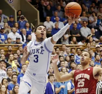  ?? Associated Press ?? Duke’s Tre Jones drives to the basket in an 80-55 win against Boston College. The Blue Devils actually trailed, 30-28, at the half.