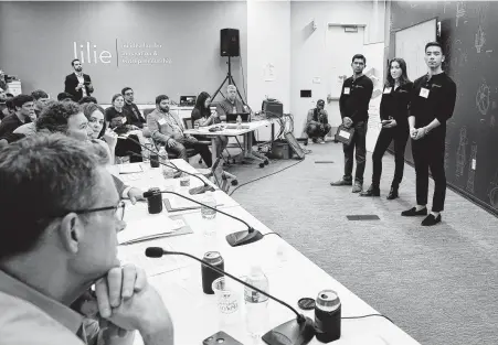  ?? Photos by Yi-Chin Lee / Staff photograph­er ?? Dr. Vivek Sant, from left, Kristin Brune and Adrian Trömel field questions from judges after pitching their business plan in March at the H. Albert Napier Rice Launch Challenge Startup Competitio­n.