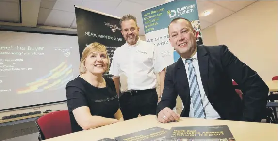  ??  ?? Caroline Taukulis, Business Durham; Mike Hall, DC Manager, SEWS-E and Paul Butler, CEO, NEAA. Picture Lee Dobson