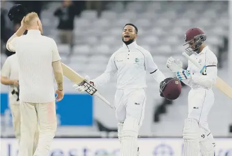  ??  ?? West Indies’ Shai Hope celebrates after scoring the winning runs at Headingley.