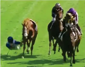  ?? ?? Lucky Lu escape: (from l-r) Soumillion (in purple silks) elbows Ryan, who instantly falls from his mount and lands head first into the turf but somehow he emerges unscathed