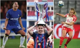  ?? Composite: Chelsea FC/Getty Images; Getty Images; Sampics/Corbis/Getty Images ?? Left to right: Chelsea’s Sam Kerr, Barcelona’s Lucy Bronze with the Women’s Champions League trophy, and Georgia Stanway of Bayern Munich.