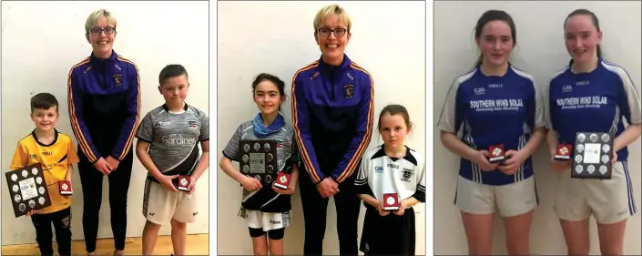  ??  ?? Charlie Roche of Castlebrid­ge, the Under-10 boys’ champion, with Marguerite Gore (Juvenile Secretary) and runner-up Alex Power (Coolgreany).
Angel Cronin-Kenny of Coolgreany, the Under-10 girls’ singles champion, with Marguerite Gore (Juvenile Secretary) and runner-up Pippa Goff of St. Joseph’s.
The Moran twins from Ballymitty, Emily and April (winner), after the Under-17 girls’ singles decider which was played on the first weekend of the finals.