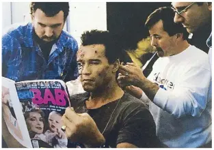  ??  ?? Throwback 1984: Arnold Schwarzene­gger being made up to be a Terminator. — Photo from his autobiogra­phy Total Recall