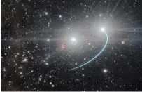  ?? L. CALÇADA THE ASSOCIATED PRESS ?? This illustrati­on shows the orbits of the objects in the HR 6819 triple system. The group is made up of an inner binary with one star, orbit in blue, and a newly discovered black hole, orbit in red, as well as a third star in a wider orbit, blue.