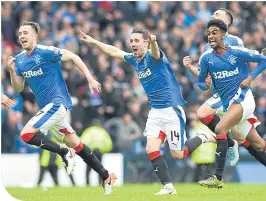  ??  ?? Rangers players celebrate their 2016 Scottish Cup semi-final win over Celtic at Hampden