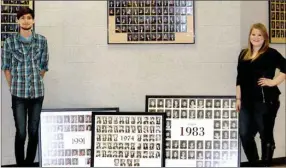  ?? COURTESY PHOTO ?? Jacob Smith and BaLeigh Bell, seniors at Prairie Grove High School, recreated the senior composites for the classes of 1974, 1983 and 1991 to hang in the hallway along with composites from all other years. The three years were missing for various...