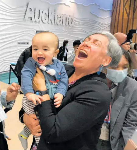  ?? Photos/ Michael Neilson, Michael Craig, George Heard ?? Ashleigh Green, son Boston and mother Marleen (above) were among scores of delighted people at Auckland and Christchur­ch airports yesterday.