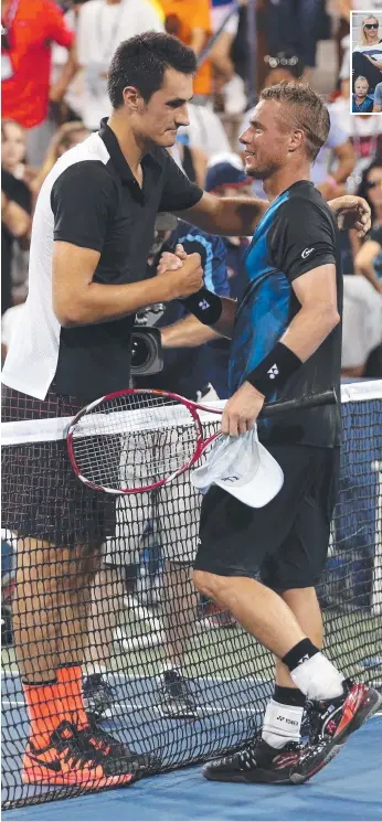  ?? Pictures: GETTY IMAGES, AP ?? NO HARD FEELINGS: Bernard Tomic embraces compatriot Lleyton Hewitt after putting him out of the US Open and (top right) six-year-old Cruz watches on with Team Hewitt.