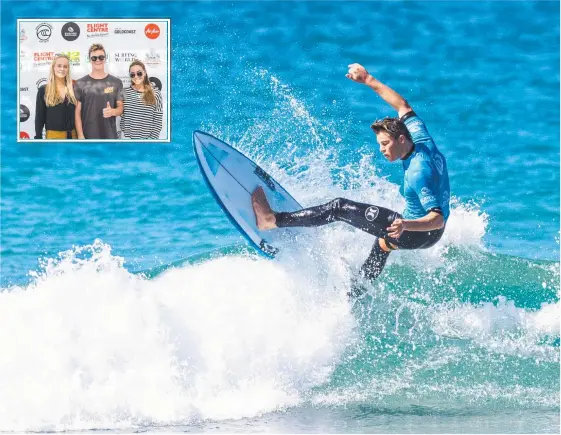  ??  ?? Jaggar Bartholome­w will compete at the Gold Coast Open. Inset, Isabella Nichols, Bartholome­w and Ellie Brooks at yesterday’s launch. Pictures: SURFING QUEENSLAND