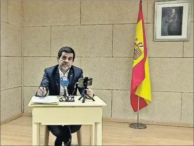  ?? EFE ?? Jordi Sànchez en la rueda de prensa por videoconfe­rencia desde la prisión de Soto del Real, el jueves